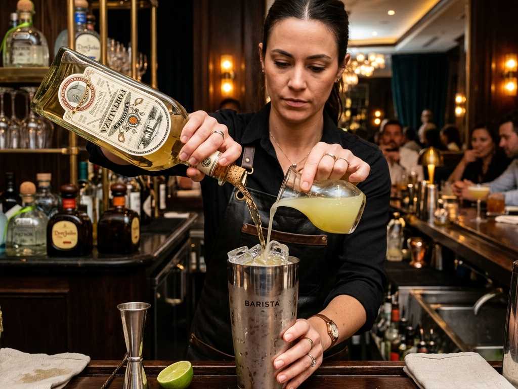 Bartender pouring premium reposado tequila and fresh lime juice into a shiny cocktail shaker