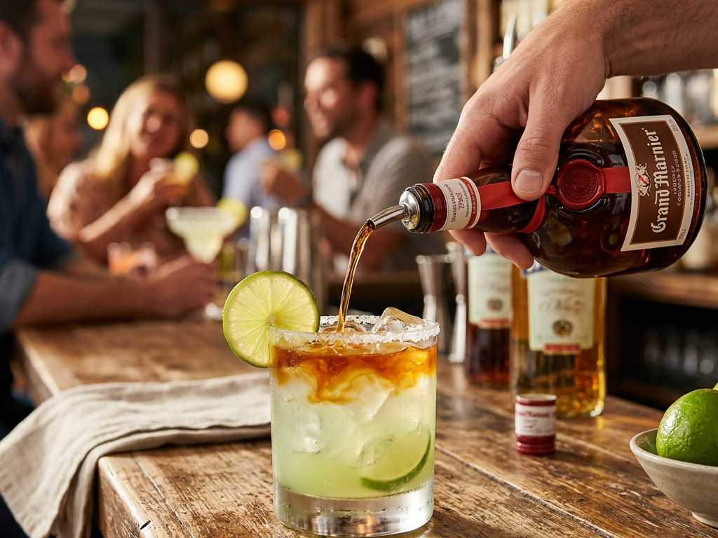 Pouring a float of Grand Marnier liqueur over a perfectly chilled margarita