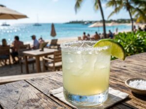 Refreshing Cayman Jack Margarita in a glass with a salted rim and fresh lime wedge