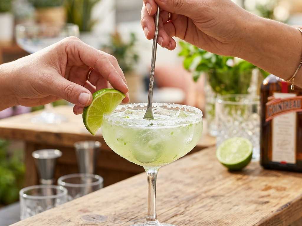 Stirring a cold lime margarita with a metal spoon and lime wedge garnish