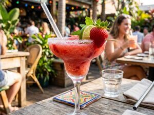 Vibrant frozen strawberry margarita in a sugar-rimmed glass garnished with fresh fruit