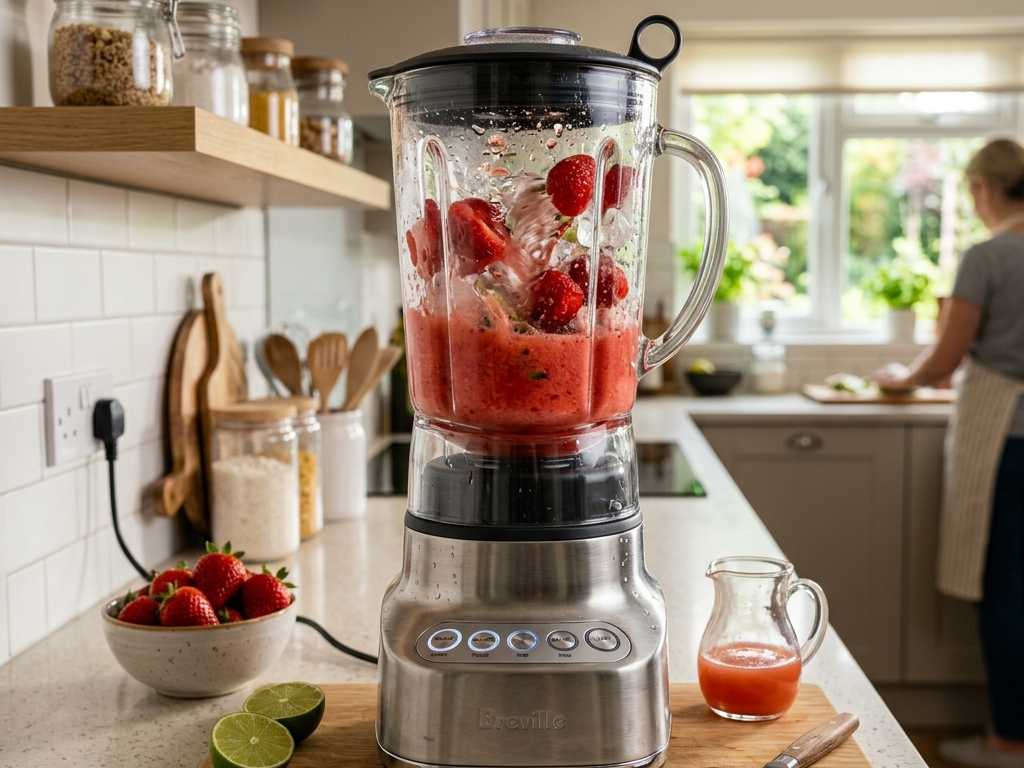 Blending fresh ripe red strawberries, ice, and lime juice in a blender