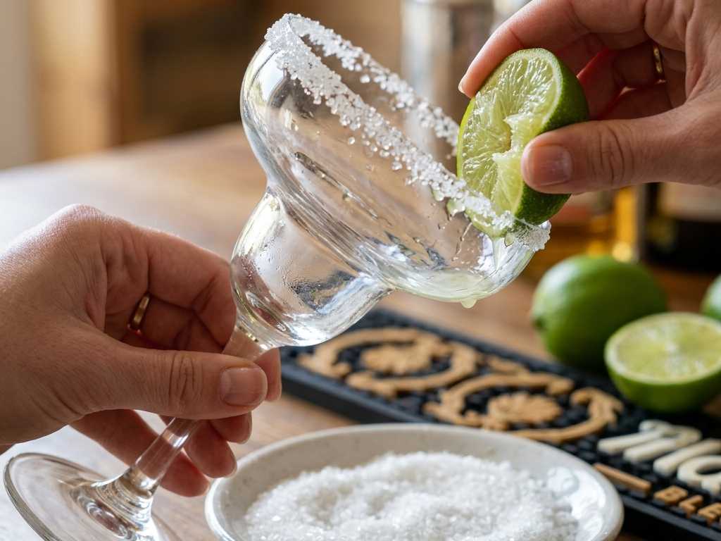 Rubbing a lime wedge along the glass rim and dipping it into coarse sugar